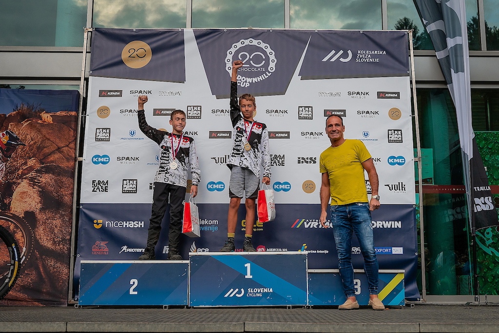 Top three u13 boys (well, top 2...) at Kenda DH Pohorje, final round of 2023 20chocolate Downhill Cup, held in Bike Pike Pohorje Maribor on 8 October. Photo by Anže Furlan.