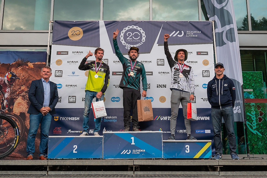 Top three master men at Kenda DH Pohorje, final round of 2023 20chocolate Downhill Cup, held in Bike Pike Pohorje Maribor on 8 October. Photo by Anže Furlan.