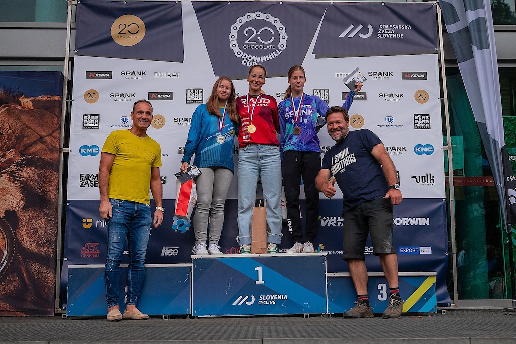 Top three women at Kenda DH Pohorje, final round of 2023 20chocolate Downhill Cup, held in Bike Pike Pohorje Maribor on 8 October. Photo by Anže Furlan.