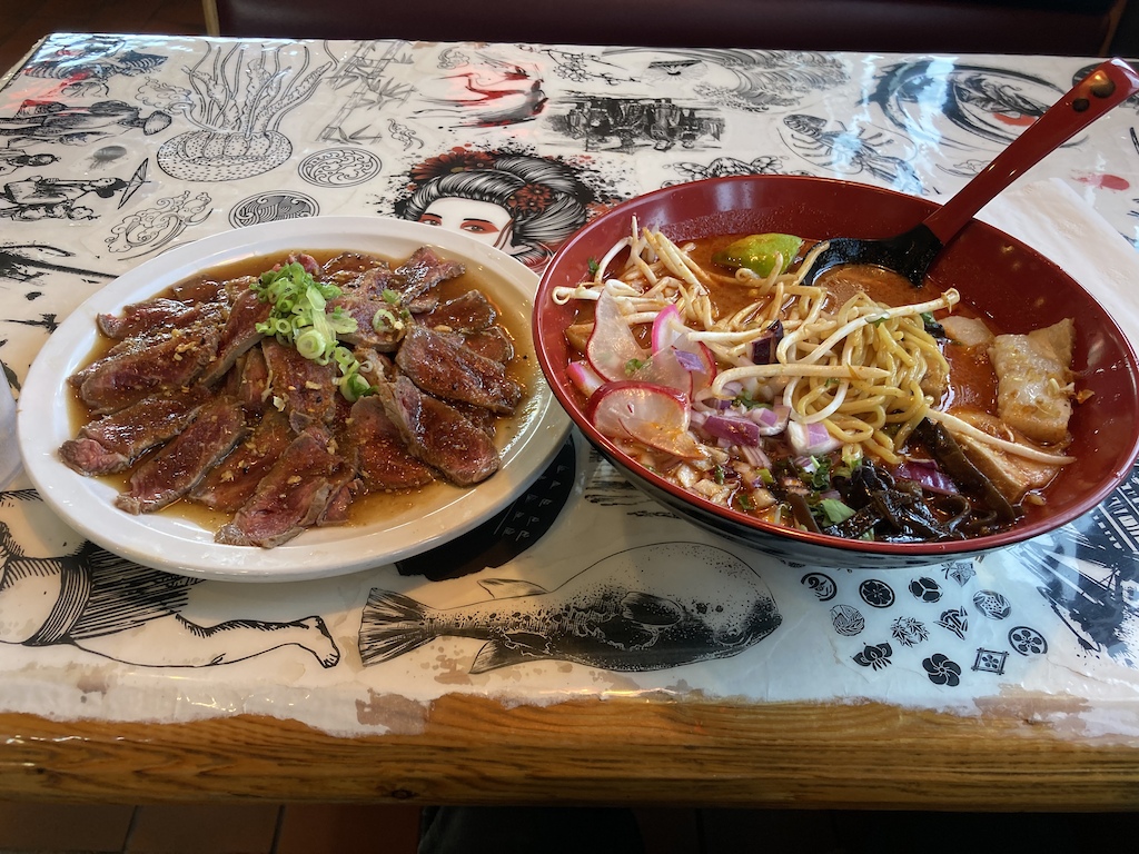 Tataki salad (asian version of steak tartare) and pork belly tonkotsu ramen.  Mmmmm.  At Bambu Sushi & Ramen in Winnemucca, NV