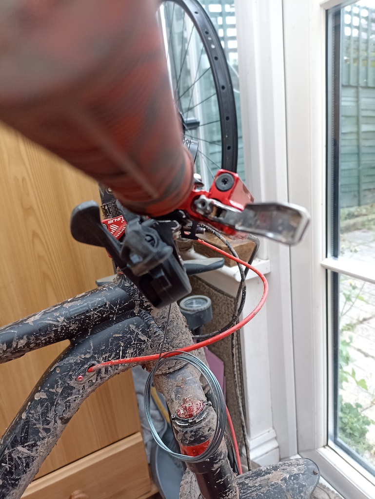 SRAM matchmaker to Shimano ispec-ev DIY conversion. Lever shifter angle of conversion. Not a bad angle now I'm done. Without filing it out it was pointing towards the down tube.