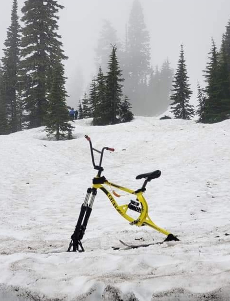 My 5th ski bike, from the company called Skibyk.  I had this for a year or so for my son to ride.  Photo taken in June at Chinook Pass, WA.
