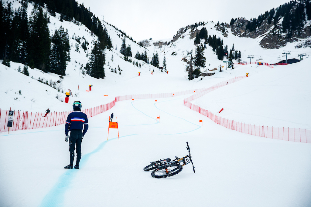 Racing during The 2024 UCI Snow Bike Worldl Championships at Chatel, , Port du Solei, France on February 10 2024. Photo: Charles A Robertson