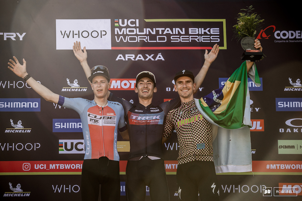 Riley Amos, Finn Treudler and Alex Malacarne complete the U23 men's podium in Araxa.