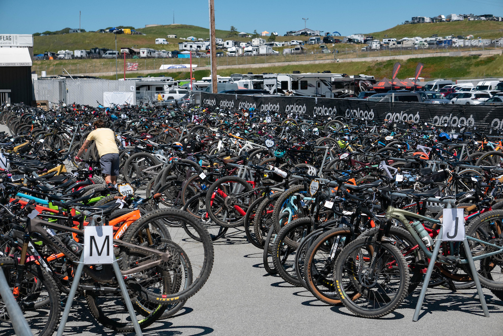 A sea of bikes waiting for their owners to return from spectating or wandering through the show.