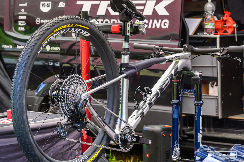 A cover over the rear shock on the Trek Factory Racing bikes looks to be hiding some kind of shock change or maybe linkage.