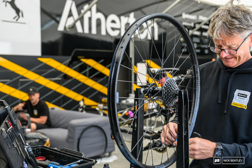 It was a chilled out morning of wheel building for the Atherton mechanics