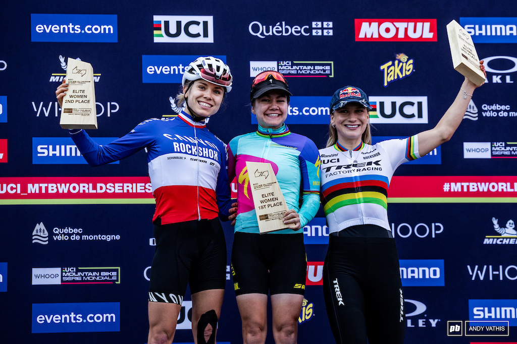 Your women's elite race podium - Sina Frei, Loana Lecomte, and Evie Richards
