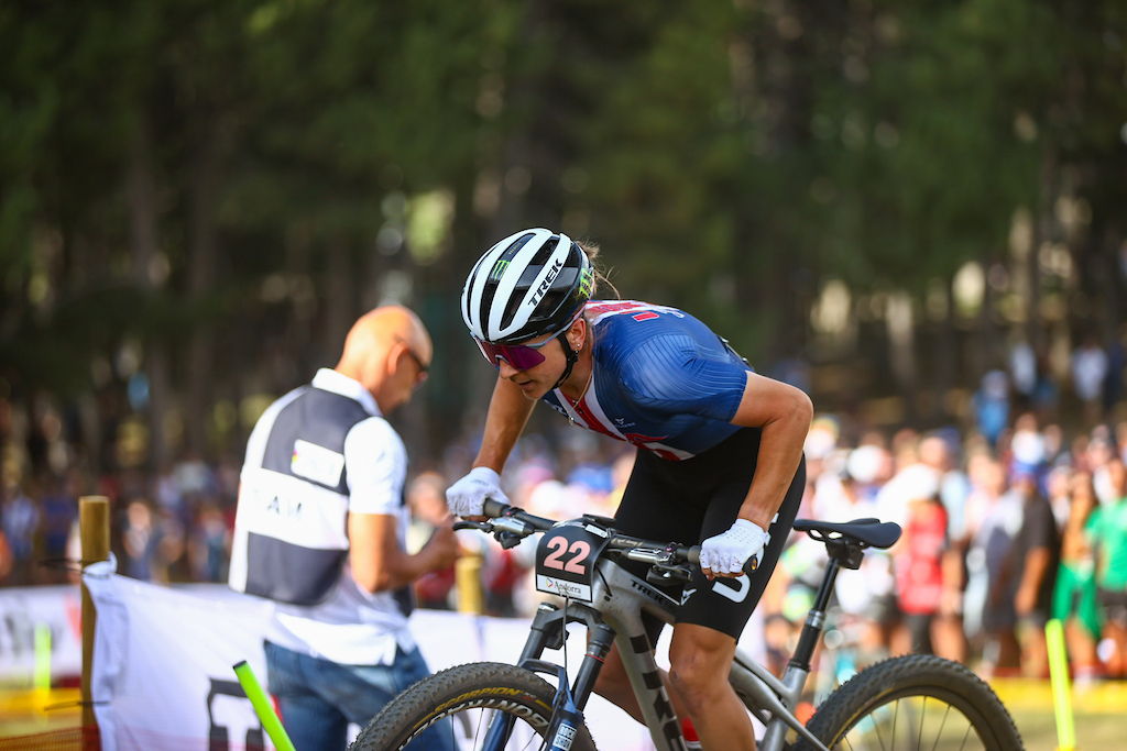 Picture by Javier MartÃ­nez/SWpix.com - 30/08/2024 - Cycling - 2024 UCI Mountain Bike World Championships - Pal Arinsal, Arinsal, Andorra - Women Elite Cross-country Short Track Final - Gwendalyn Gibson (United States)