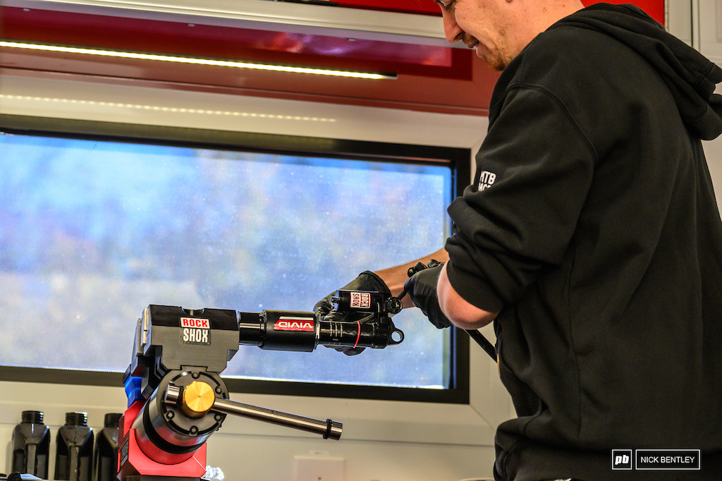 The iconic RockShox service big red truck has been swapped for their US service truck this weekend. With around 30 shock services to do today between two guys, the truck was getting a real workout.