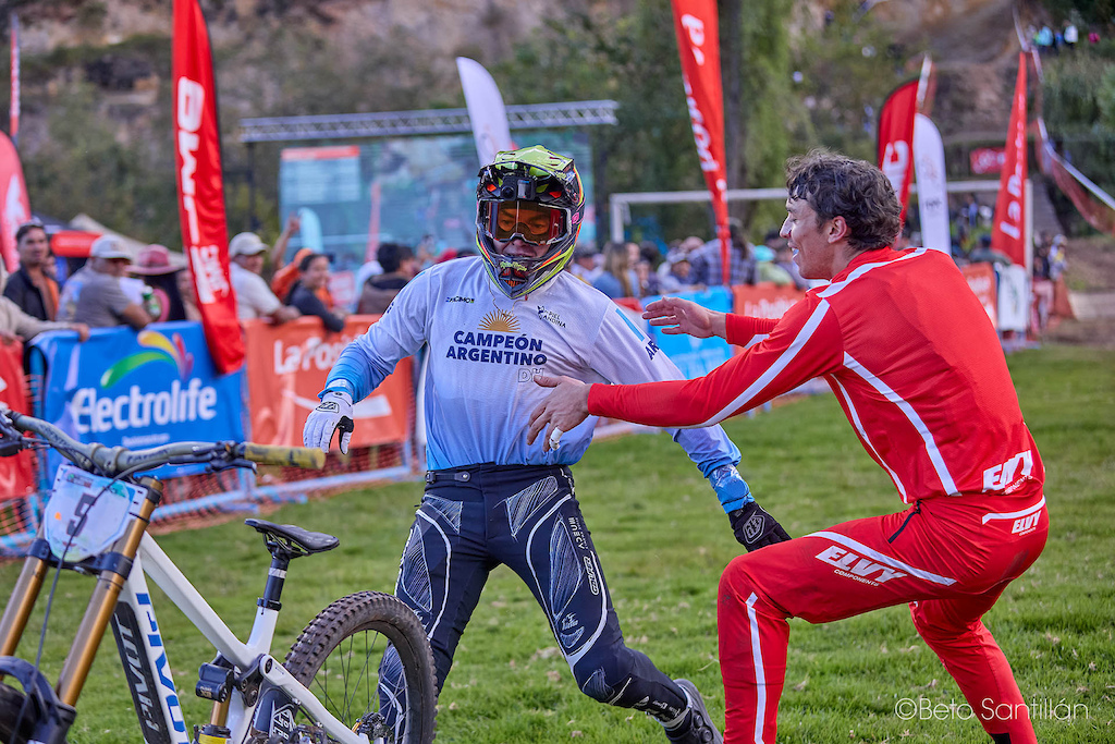 This is what it is all about.  The moment Gonza Gajdosech — Campeón Argentino — learns he has conquered Santísimo DH 12, Lucio doesn't hesitate for a single second. He sprints across the finish area with pure, uncontrollable joy to embrace his fellow Argentine, because in this sport, a teammate's victory is your victory too. No rivalry, no envy — just two brothers  celebrating the same dream. This image says more about the soul of downhill racing than any trophy ever could. This is brotherhood. This is sportsmanship. This is why we love this sport with everything we have.