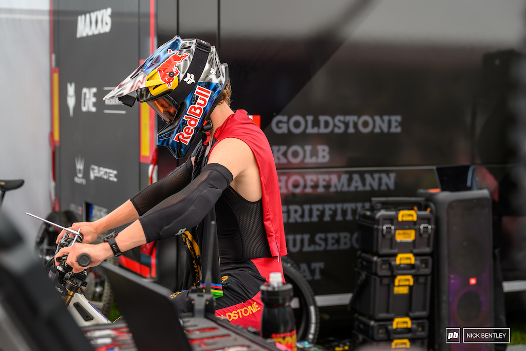 Jackson sets his own brake levers before he heads out to the track.