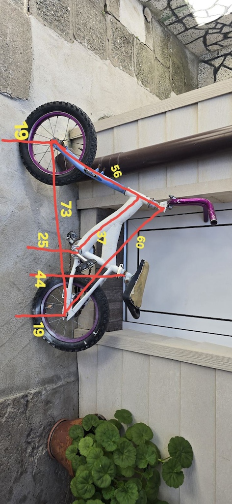 World's First- Project 24/14! An insane build, involving a modified 90s rigid 14" kid's bike paired with a 24" fork. Totally experimental and bombproof build, and it's not the final build. The geometry is totally radical- proof is that I didn't find a single bike with this geometry. Geometry numbers are:
Wheelbase- 730mm
Axle to ground(for both wheels) - 19cm
Bottom Bracket to ground- 25cm
Rear axle to stem- 60cm
Seatclamp to ground- 44cm
Bottom Bracket to stem- 37cm
Fork length- 56cm