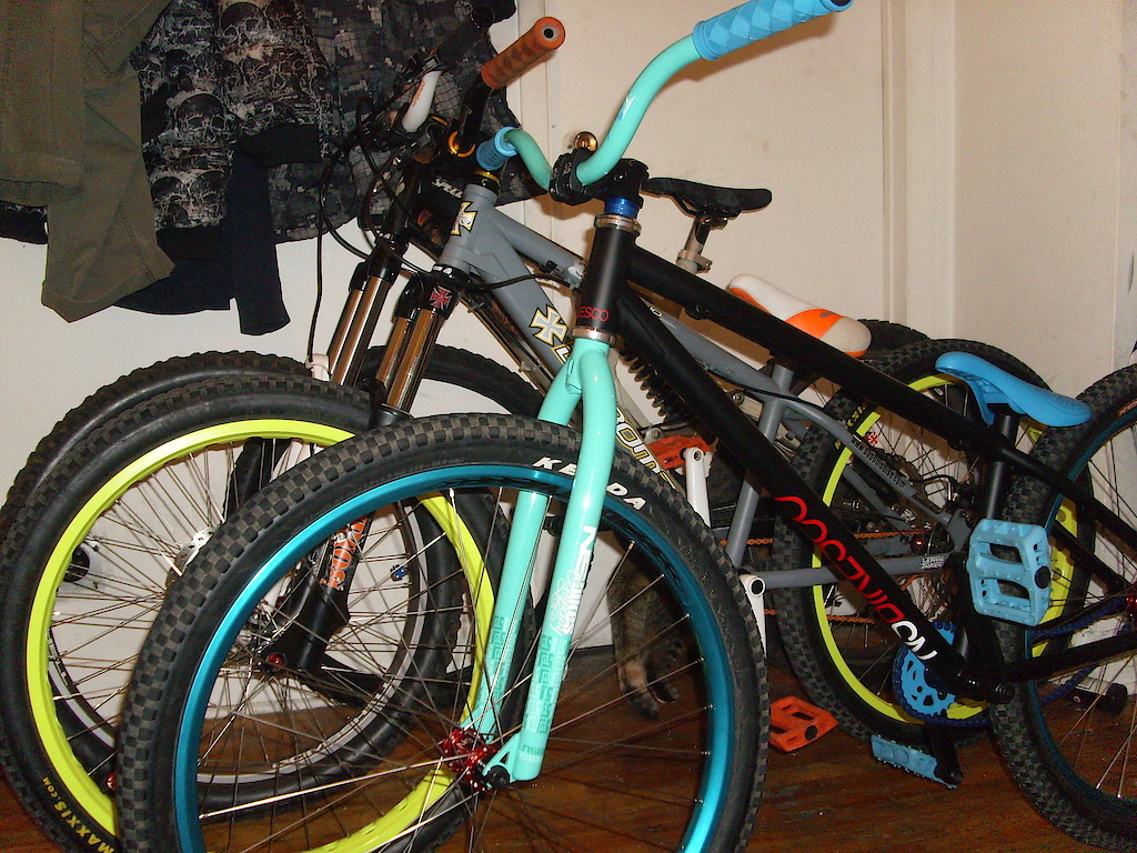 these are my best 3 bikes ready for next season..my moded Bighit DH bike, my Da Bomb Dirt jumper bike,my NS street/park pike