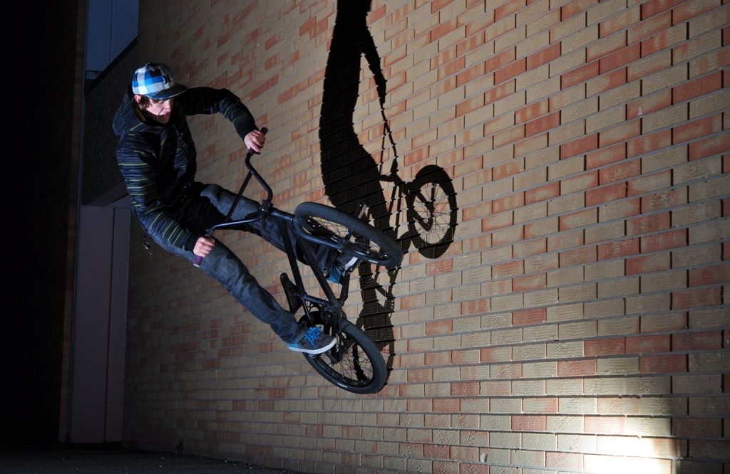 Self timed snap-shot of me doing a wallride. Caught just as I was coming off of the wall.