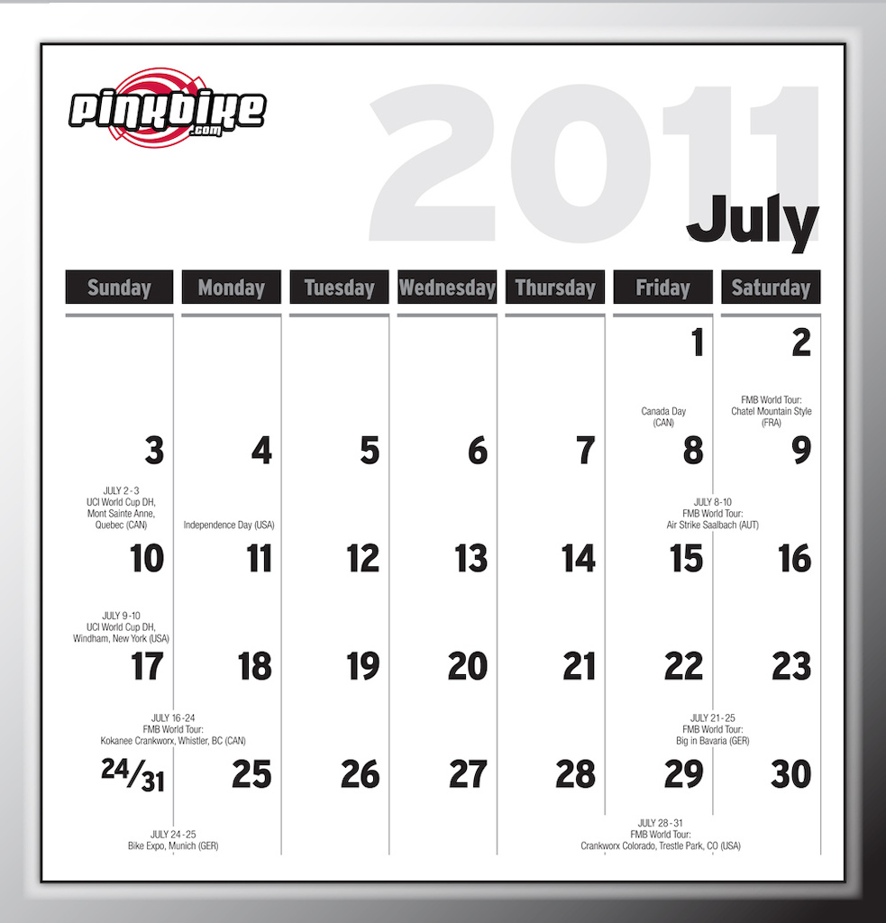 July Sample page from the 2011 Pinkbike.com calendar.