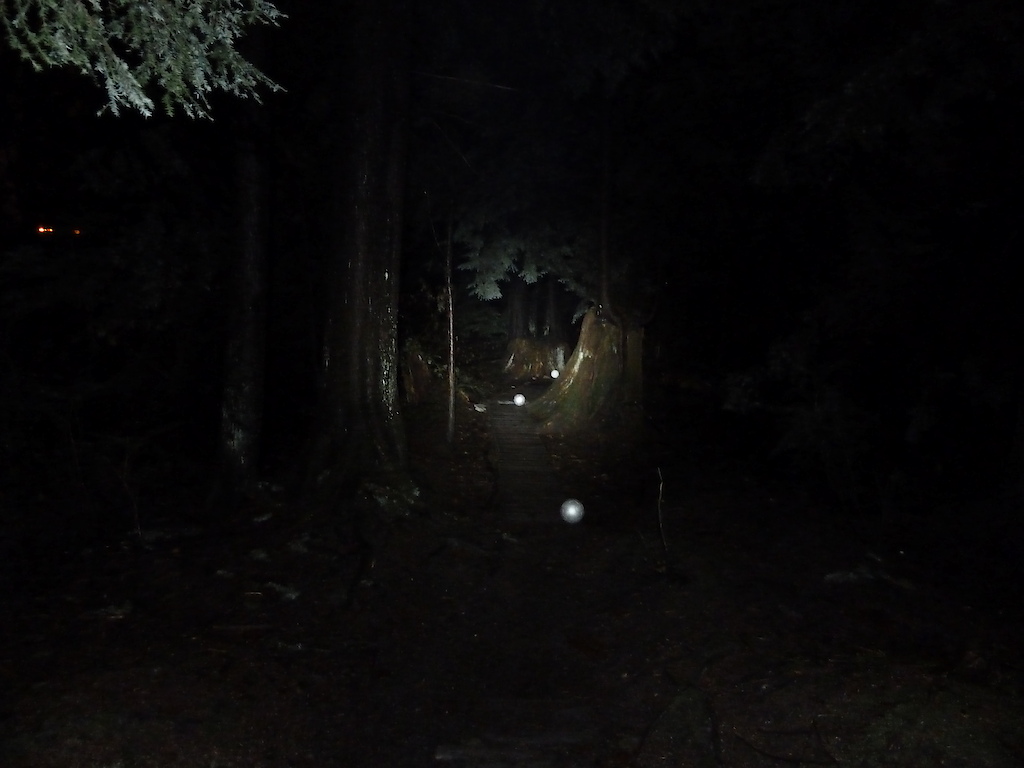 Gemini Titan LED lamp test, looking down Jim's Jungle trail, High beam,  helmet mounted,1600 iso. First ball is at 5m, 2nd at 10m, 3rd at 15m. #5 of 5, in sequence.