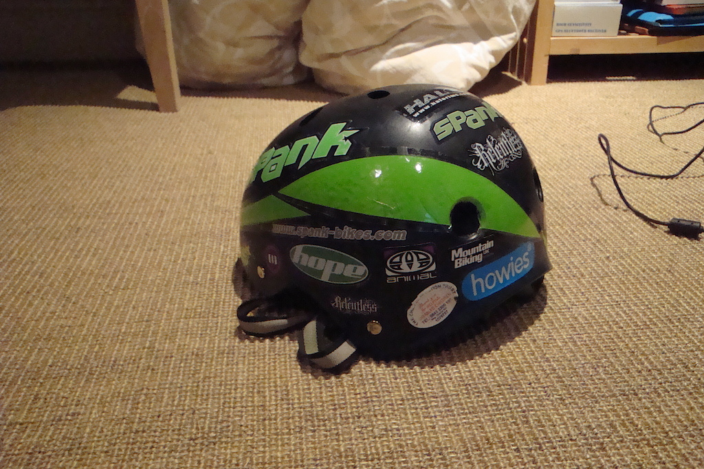 helmet done up with spray paint and new biking stickers