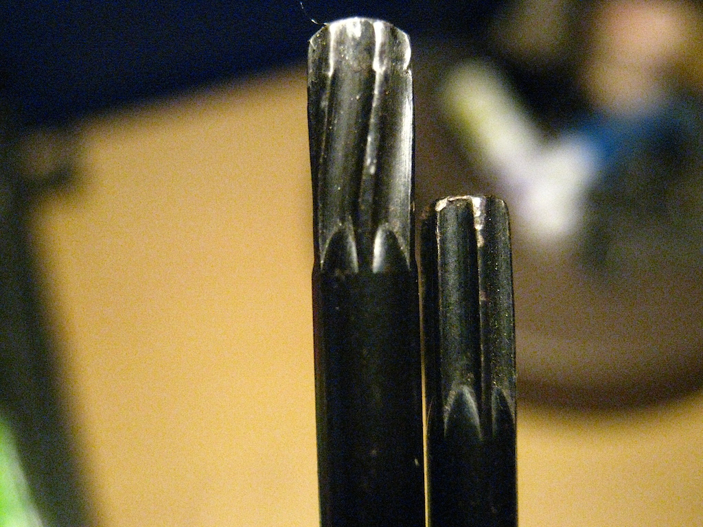 So I was taking off a brake rotor from hub and I thought I saw that the end of the torque I was using was some how bent/twisted. So I looked close in the light and im like WTF?! Then put it beside another and was even more like WTFFF?!?! How the hell did I do that?! Mind you the bolts were on fuckin tight , but damn.....:P some quality shit eh?ahaha