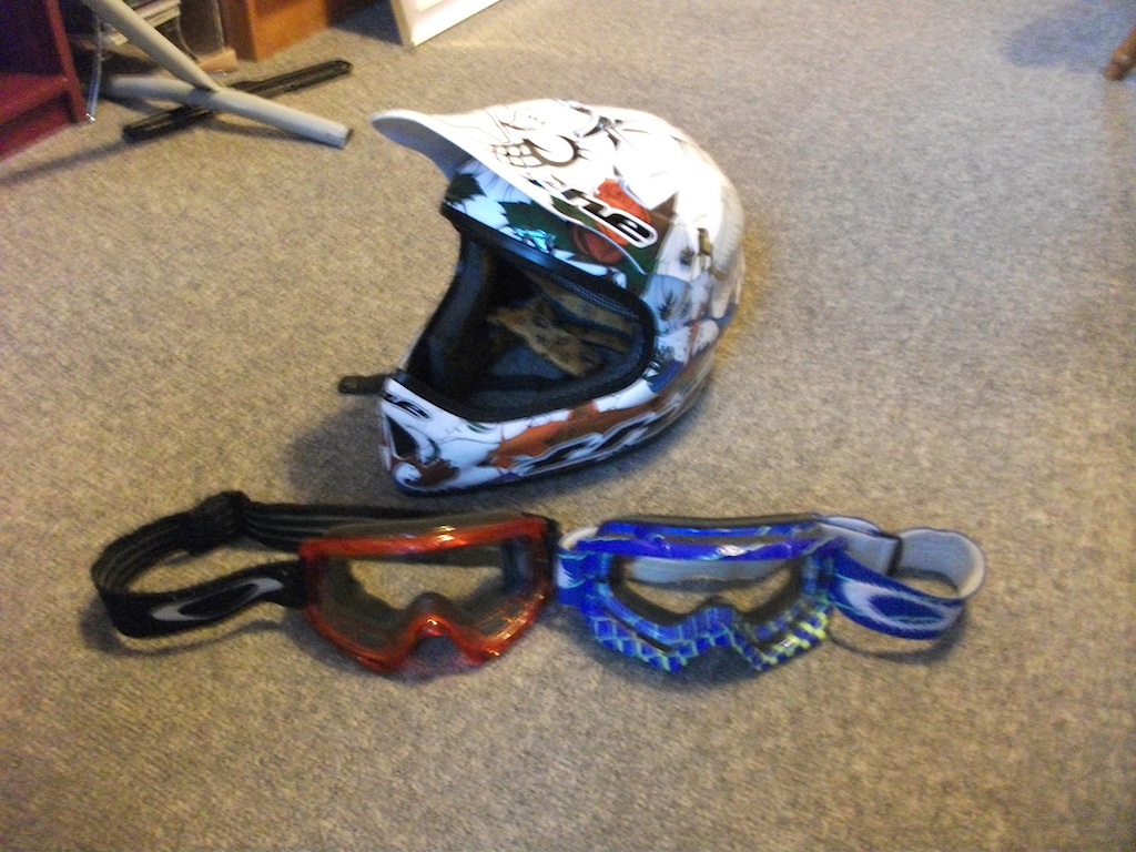My helmet, Oakley O Frame Goggles (used for DH riding) and some other Oakley goggles (Motocross goggles)