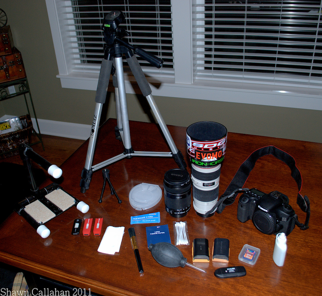 Canon 60d, EF 70-200 mm f/4L USM, EF-S
18-135mm f/3.5-5.6 IS, 18 gb of memory cards, 2 batteries, memory card reader, cleaning kit, table top tripod, tripod, mini fig rig, 20 gb of flash drive memory
