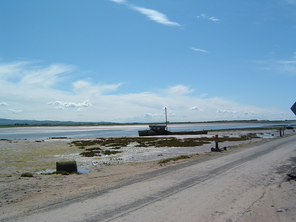 The only access road to Sunderland point (tide out) It is easy to get cut-off when the tide comes in - always consult local tide tables.