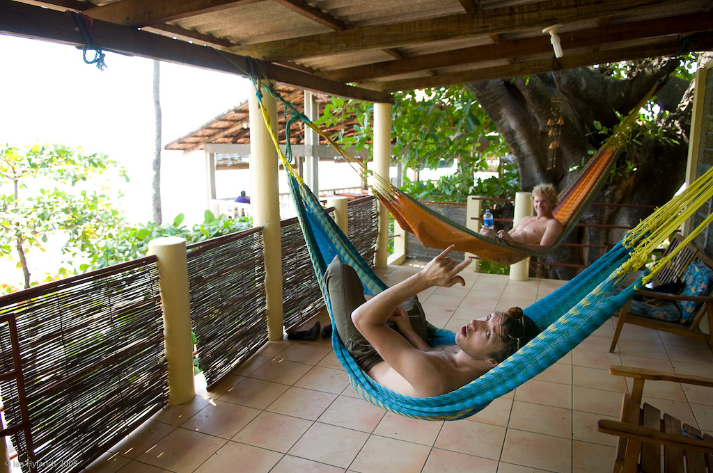 Dave Watson and Matt Hunter hanging around in hammocks at Punta Roca, La Libertad, El Salvador
