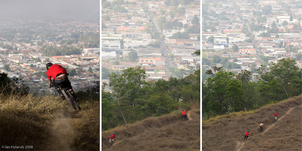 Matt Hunter, Steve Mitchell and Dave Watson riding above the city of San Salvador in El Salvador.