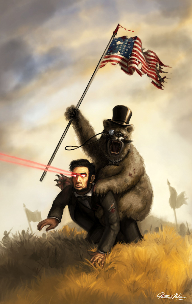 Badass bear reppin America while piggy backin laser-vision Abraham Lincoln