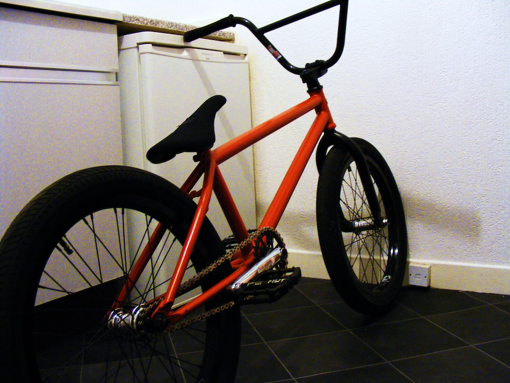 Finished build (Frame looks a little orange in this pic)

Amity Troy Frame
Eclat Stream Forks
BSD Highlander Bars
Fly Alta Stem
Primo vs 7005 Rims
polished Profile Mini Hubs
Federal Sl Slim Seat
Stolen Seatpost
Chrome Profile Race Cranks 
Eclat Tilt Chainring
Profile Bottom Bracket
Fatality Seventeen Pedals
Fit FAF 2.3 Tires
Proper Team Grips