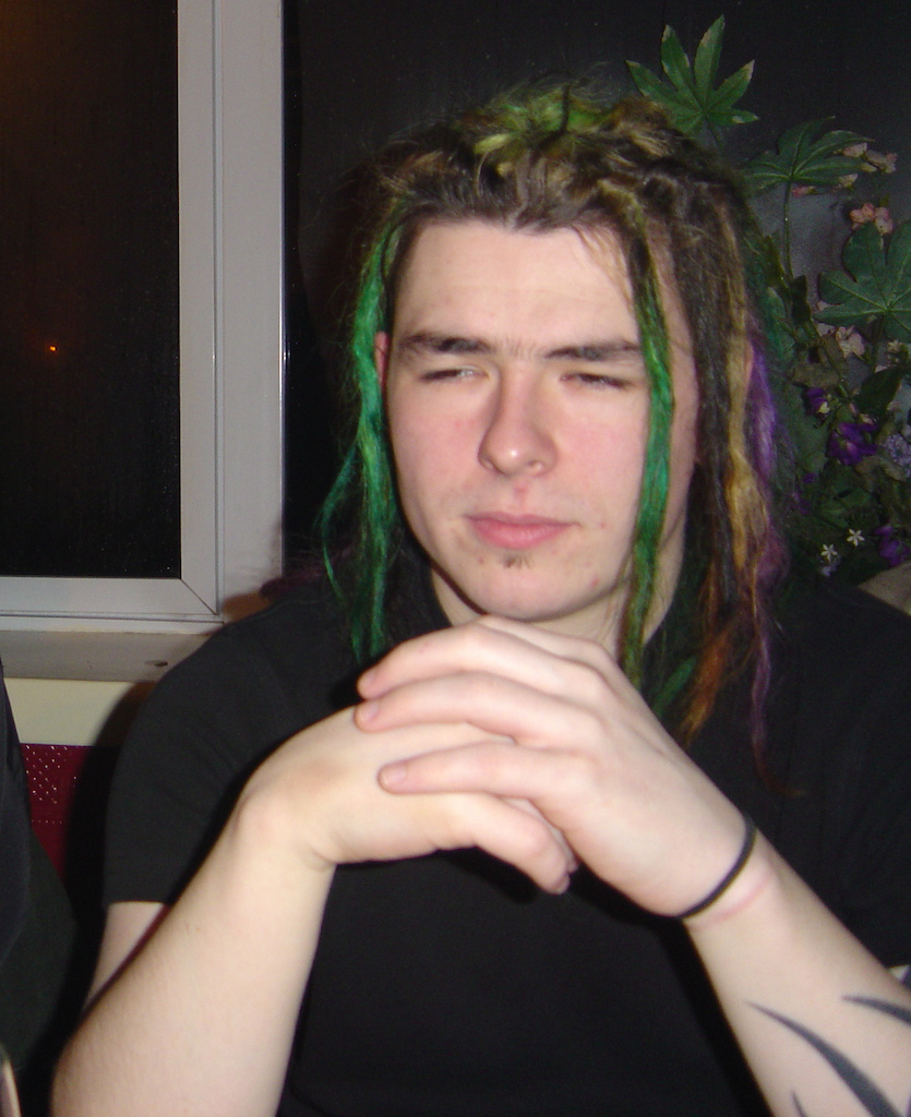 Just found this photo again from years ago, I think I was 22, I think I win the "mad hair contest" Purple, green, blond &amp; brown dreads... And yeah I was into "cakes" back then lol..