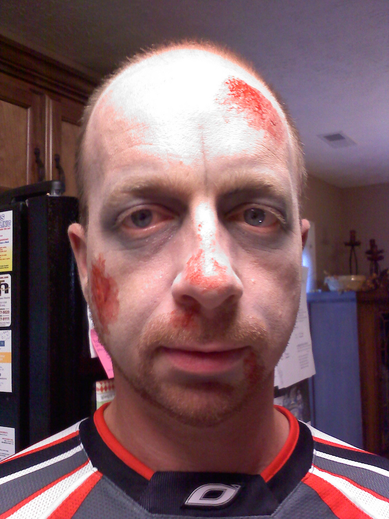 Wife Suzan painted my face to look like I got hit by a car for Halloween 2010