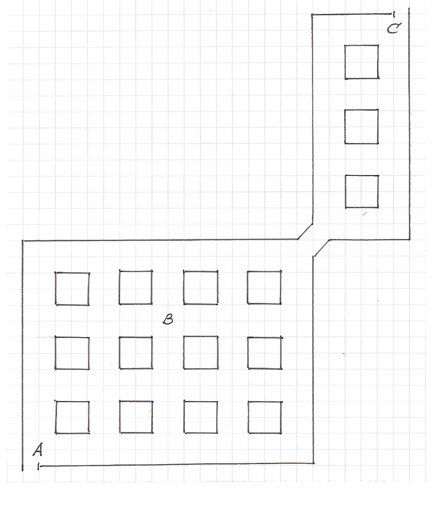 A mouse, released in A, wants to reach her food in point C.  A cat sleeps on the crossroads B.  If the mouse passes B, it will be eaten by the cat.  Calculate the probability that the mouses reaches her food alive!