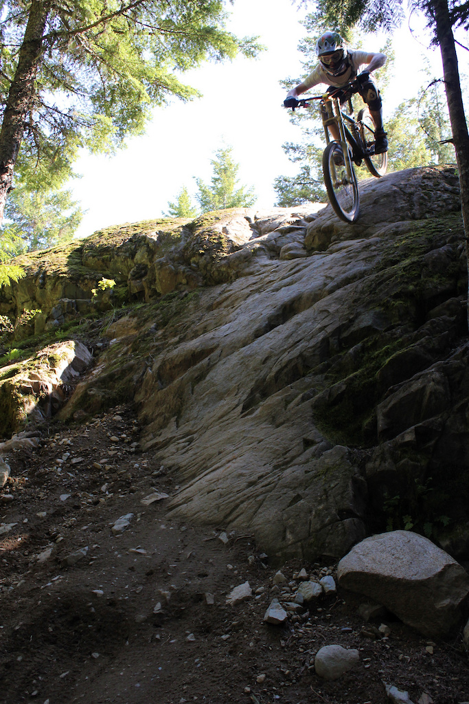 Jonny racing down Rock City in Whistler Bike Park.