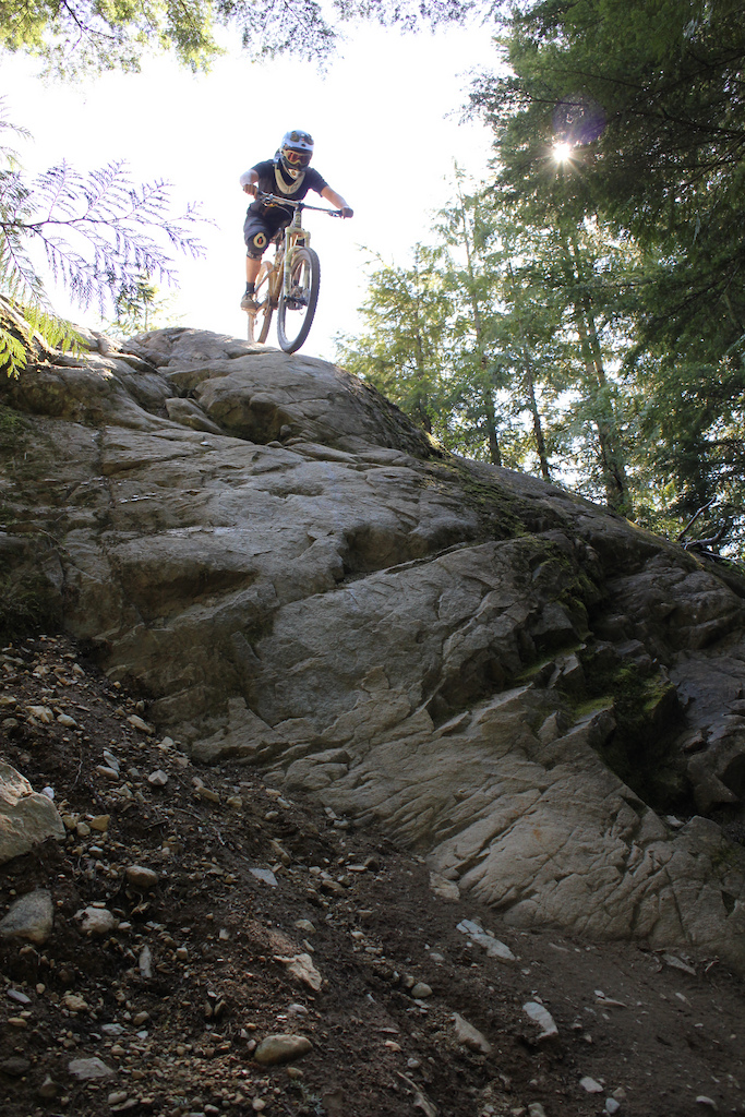 George riding Rock City in Whistler Bike Park.