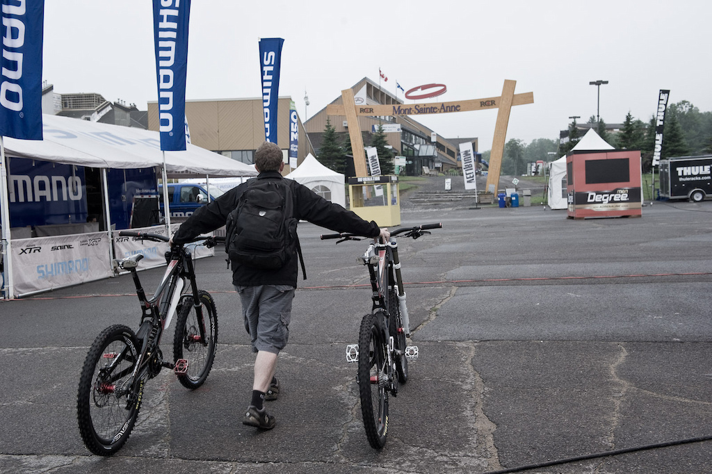 It may be a secure pit area, but no one takes chances the night before the qualies;  Ricky Bobby of Santa Cruz Syndicate wheels Peaty and Bryceland's battlewagons back to the safe keeping of the team condo for the night.