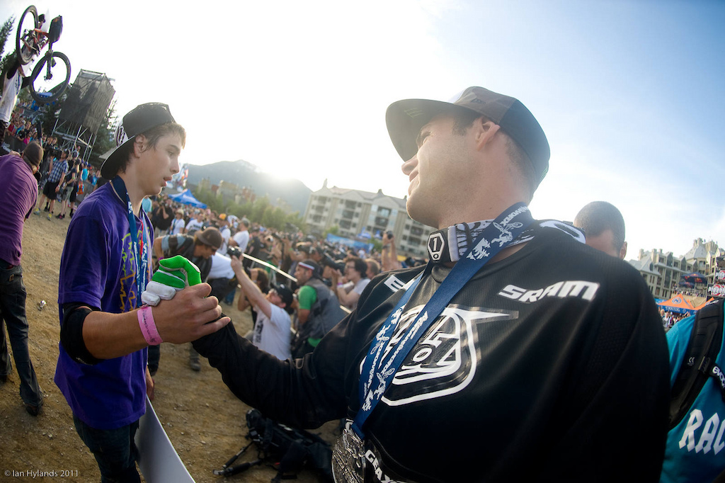 Welcome to the club! Cam Zink congratulates young ripper Anthony Messere on making it to the Crankworx podium.