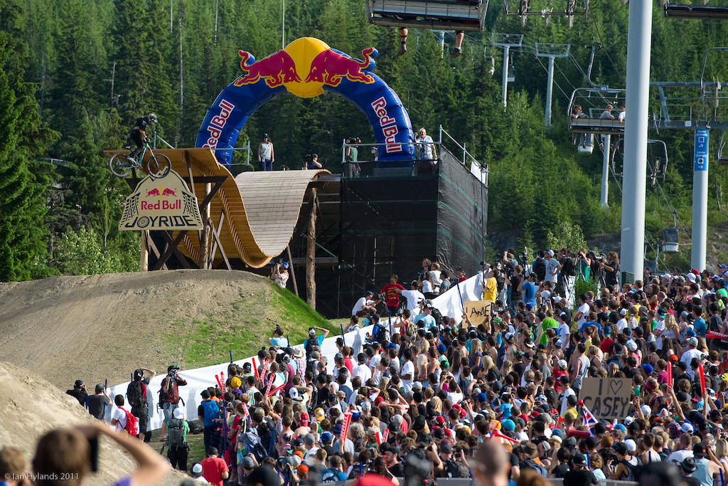 Kurt Sorge spins off of the start drop in front of a sea of spectators.