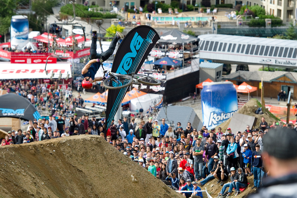 Benny Phillips with a front flip tailwhip attempt at the Teva Best Trick contest during Crankworx.