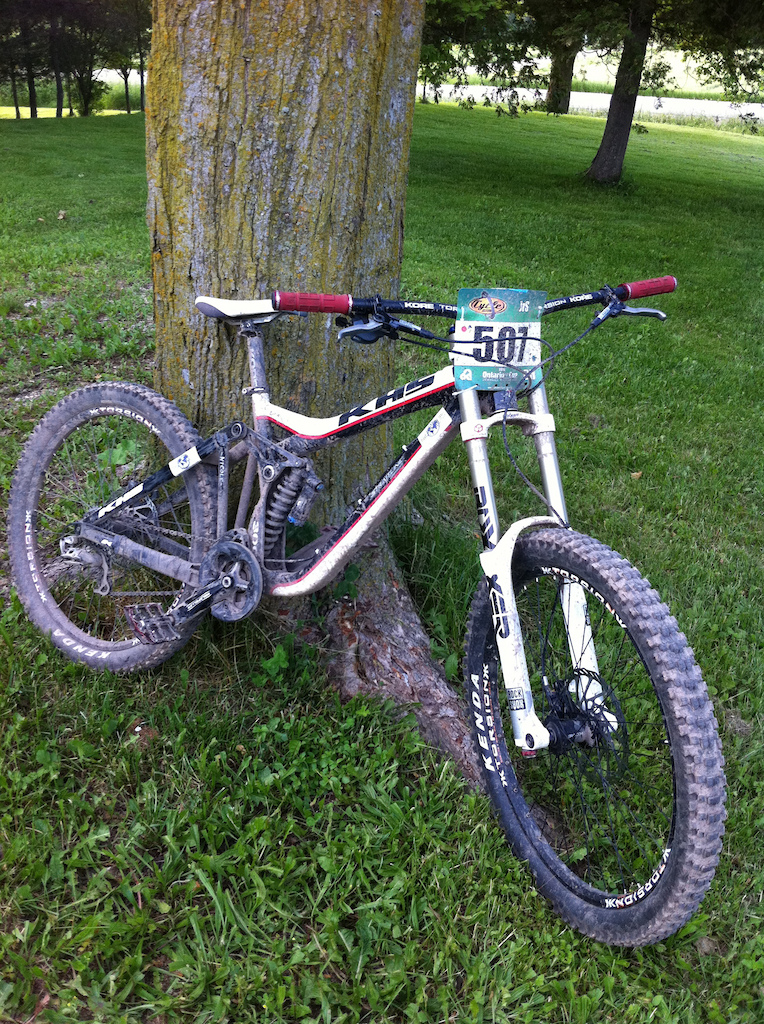 My dirty 2012 KHS DH 300 after Ocup #3. Thanks to Clayton at Backpeddling bike shop in Guelph and KHS bikes for hooking me up with this.