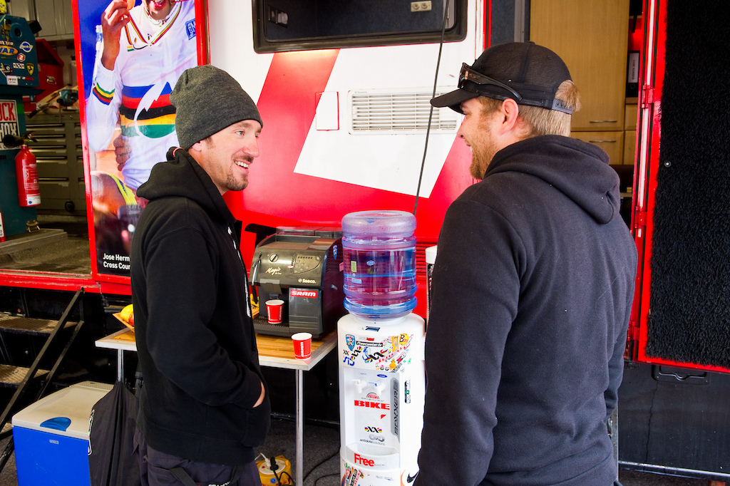 So how do you like them apples... Water cooler talk at the SRAM pits this morning about the rain overnight.