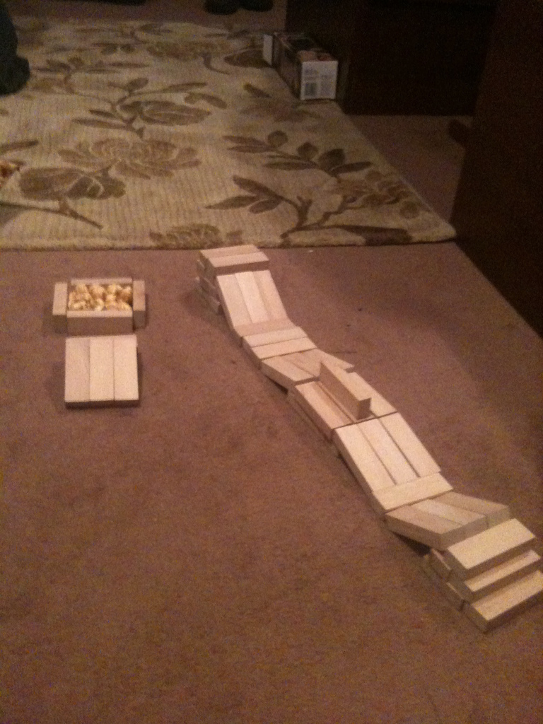 home made jenga skate park with pop corn fome pit