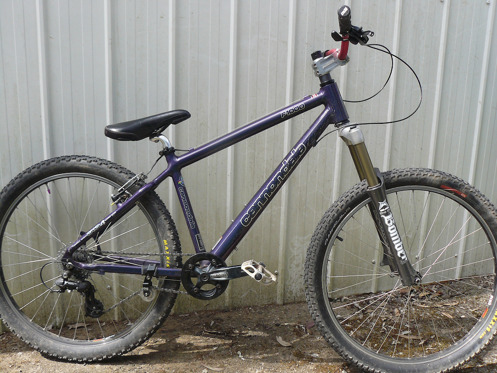 Ingredients:
Old Cannondale frame (lovely paint job).
Bomber Z1 forks with failed rebound cartridge.
Bars of upgraded DH Bike.
Drive train &amp; rims from upgraded XC bike (7 speed!).
Chain tensioner from failed single speed effort.
Brake (just one) from the time of the dinosaurs.
Tyres are new but steel bead, heavy/cheap.

One very fun bike indeed.