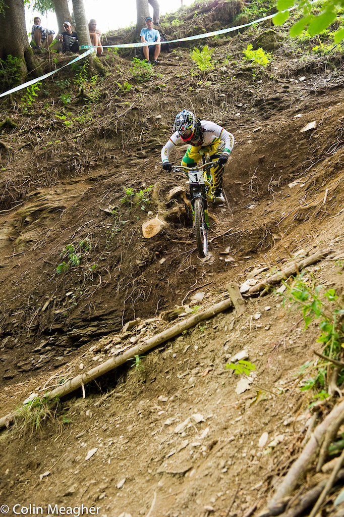 This was definitely the faster, but much riskier line; and NOT one that will likely go in the wet. But partially healed shoulder or not, Sam Hill is here to play hard ball.