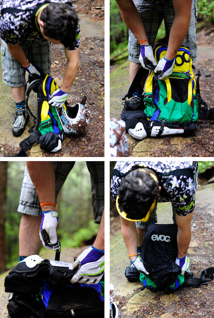 EVOC Freeride packs come with helmet basket for both full face and trail helmets, armour carrying straps and rain sleeve