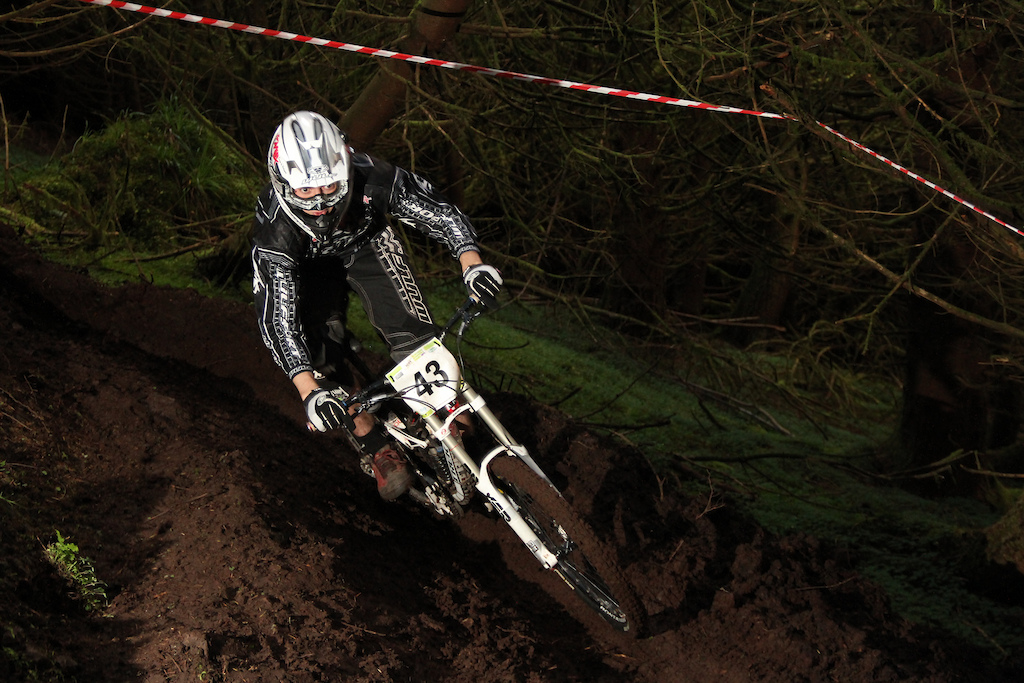 Liam hitting the loose berm with speed to follow it up with a win in Expert