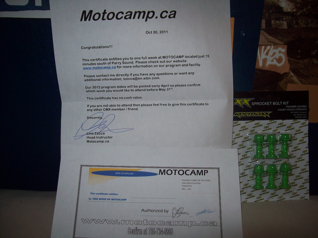 won a week at motocamp! and some new sprocket bolts :P