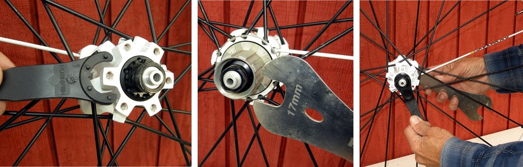 Starting on the rear hub, locate the nubs on the Mavic bearing adjustment tool and note that they engage the inner flange on the left side. The left-side endcap is only held in by an O-ring. If it won't pull off by hand, then slip the 17mm cone wrench over the endcap on the drive-side of the rear axle and then unscrew the bearing adjustment flange. This will press off the left-side cap.