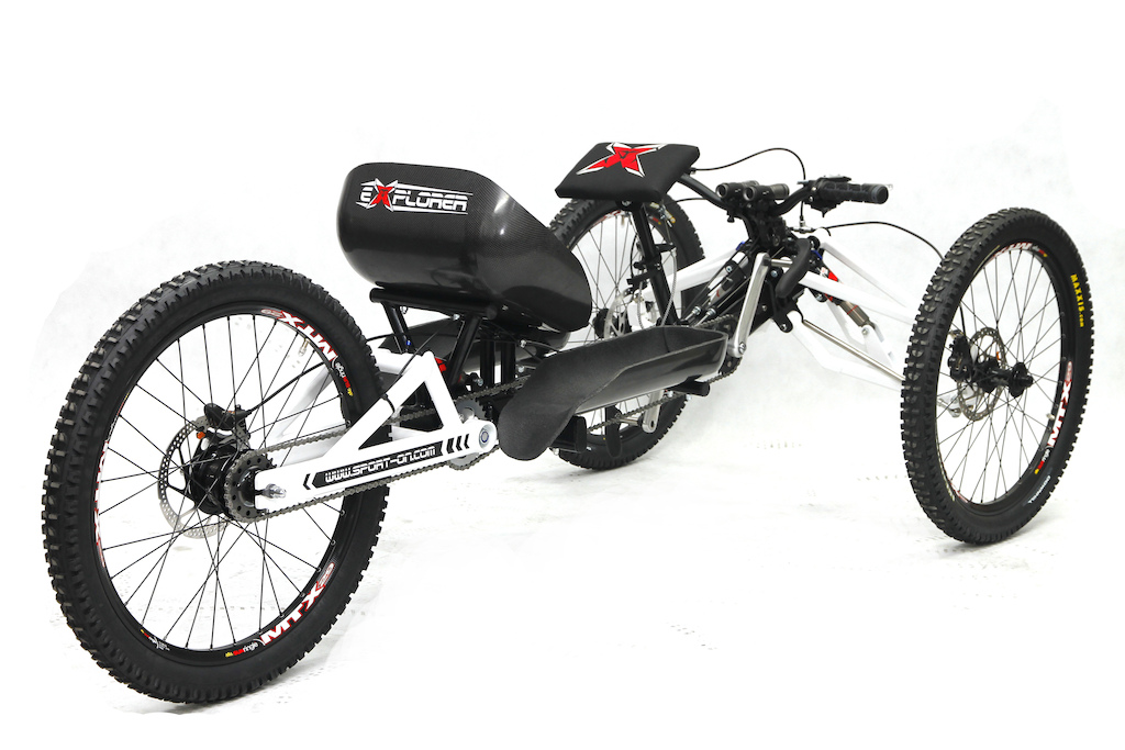 This bike is made for people with spinal﻿ cord injury or legs amputee, that is why is powered by hands  Explorer II have double steering systems: regular handlebar and chest steering system. You can steer with your chest when you pedaling, so you can steer and pedal at the same time.

more info: www.offroadhandcycle.com