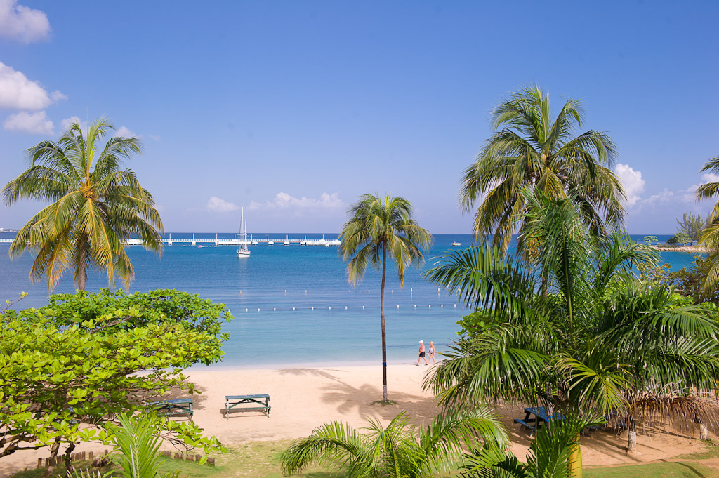 The view of Ocho Rios Beach from Rooms resort Hotel in Ocho Rios Jamaica.
